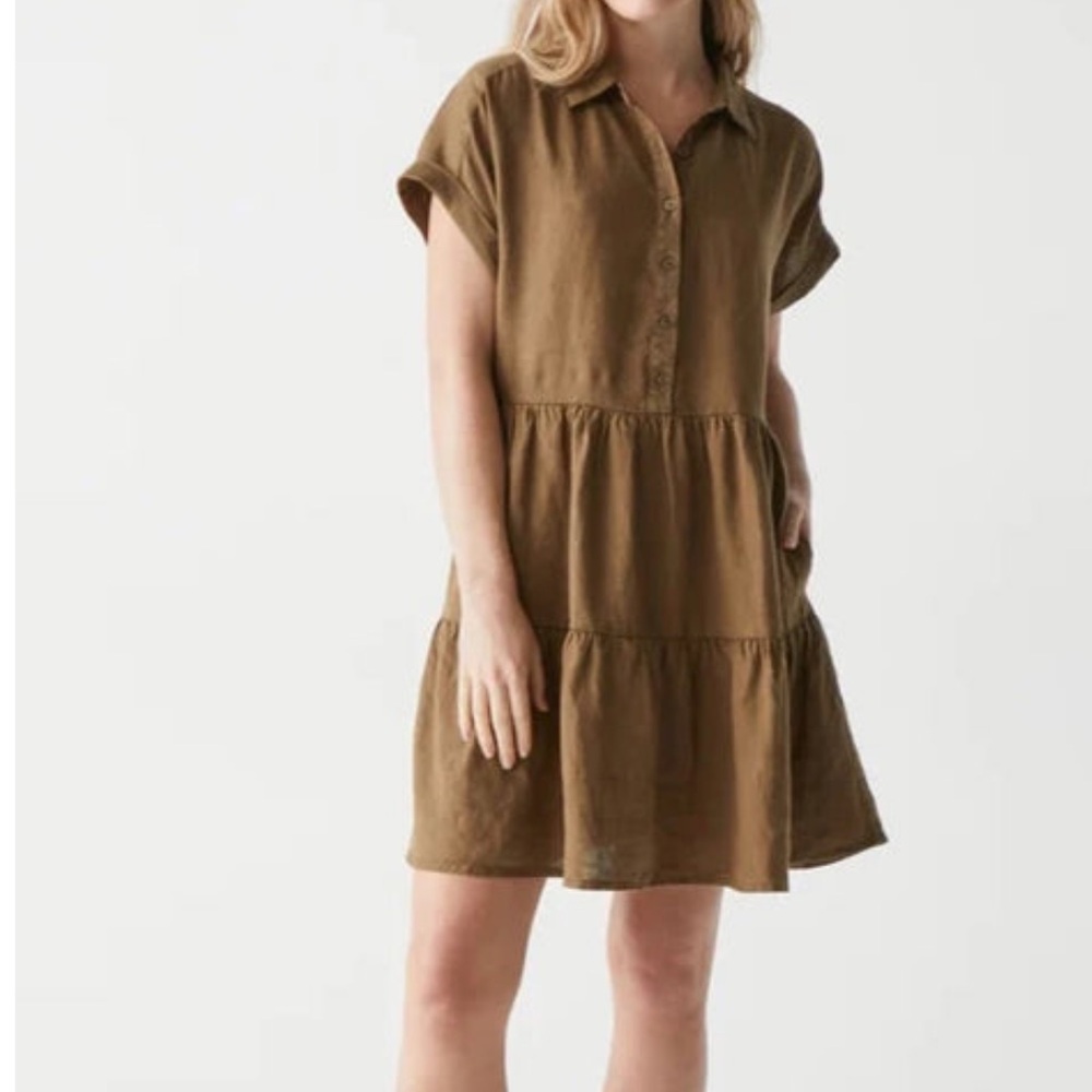 Michael Stars Greta short sleeve linen swing dress brown khaki size small NWT - Picture 2 of 11